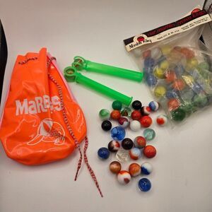 Vintage Marble Lot Shooter Catapults Multi-Color Glass Drawstring Bag Crown King